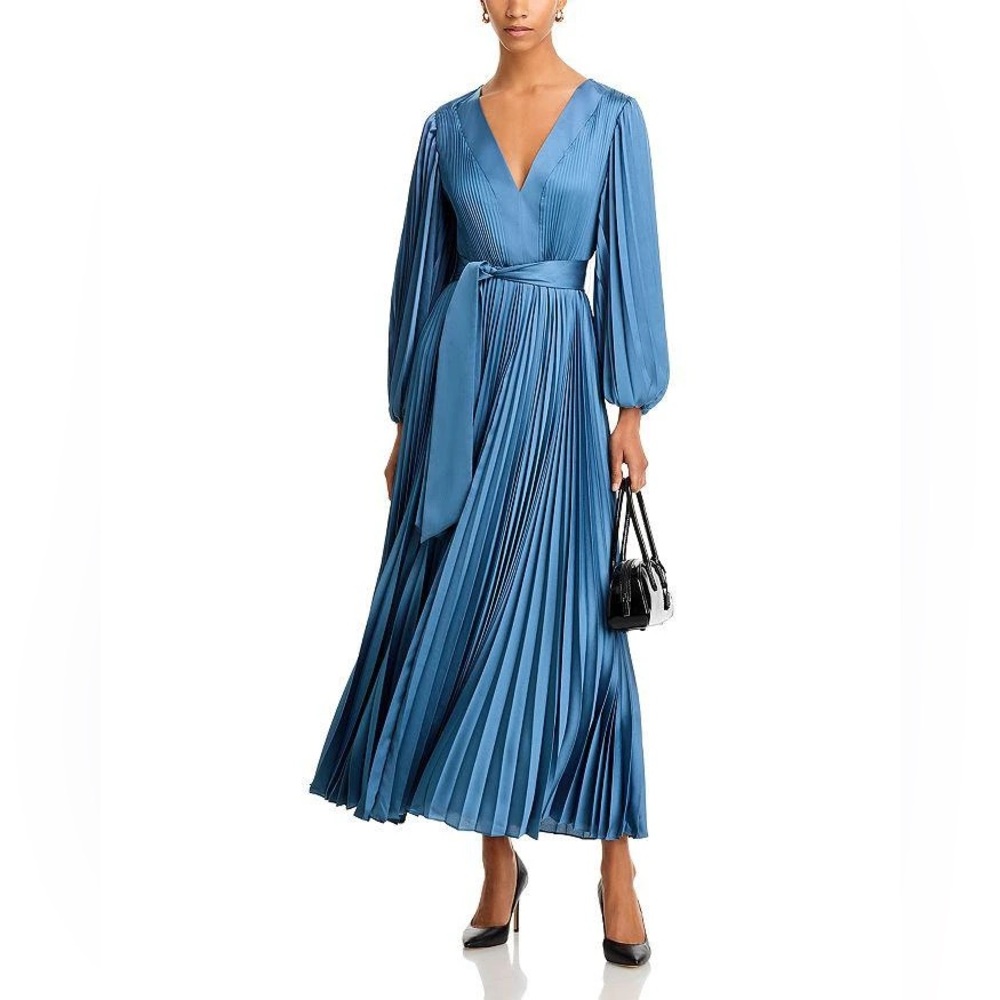 Milly Nadie Solid Pleated Maxi Dress Stone Blue Size 6 NWT